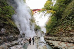 秋田県湯沢市皆瀬（みなせ）にある小安峡大噴湯（おやすきょう・だいふんとう）は、深い渓谷の岩肌から熱湯と白い蒸気が噴き出す